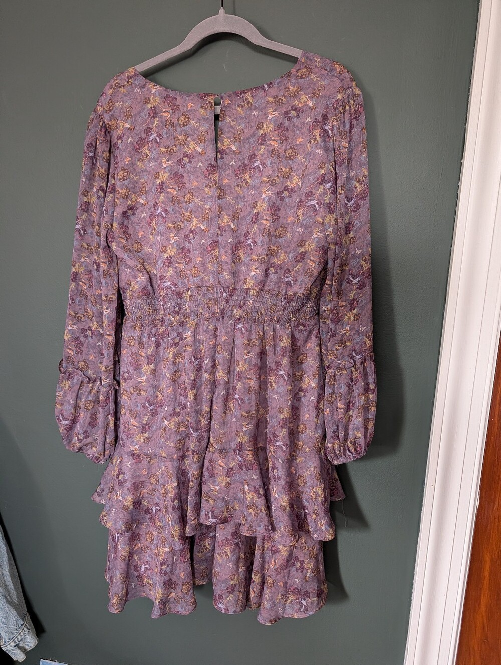 Code X Mode Women's Purple Floral V-Neck Tiered Long-Sleeve Floral Dress 🩵 - Picture 9 of 11